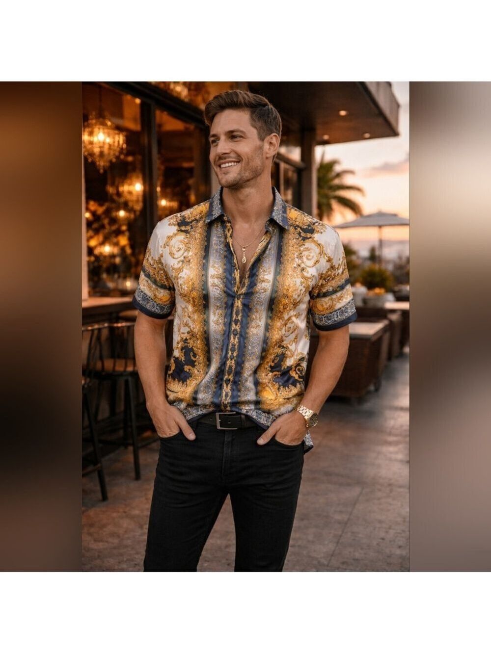 Prestige Original Baroque Print Button Shirt XL Gold Blue Luxury Style NWT